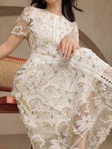 DAZY 优雅蕾丝边短袖连衣裙，青春雅致迷你连衣裙，婚礼宾客礼服/吊带裙 - 金色 - 查看 7