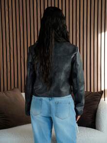 SAYEHFBABY Veste courte zippée sur le côté rayée pour un port quotidien, style rétro délavé, parfaite pour la rentrée en automne/hiver - Noir - Voir 2