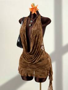 Zestiva Women's Sexy Backless Halter Tie Neck Asymmetrical Hem Leopard Print Mesh Flocked Beach Cover Up Mini Dress, Suitable For Summer Vacation - Khaki - View 1