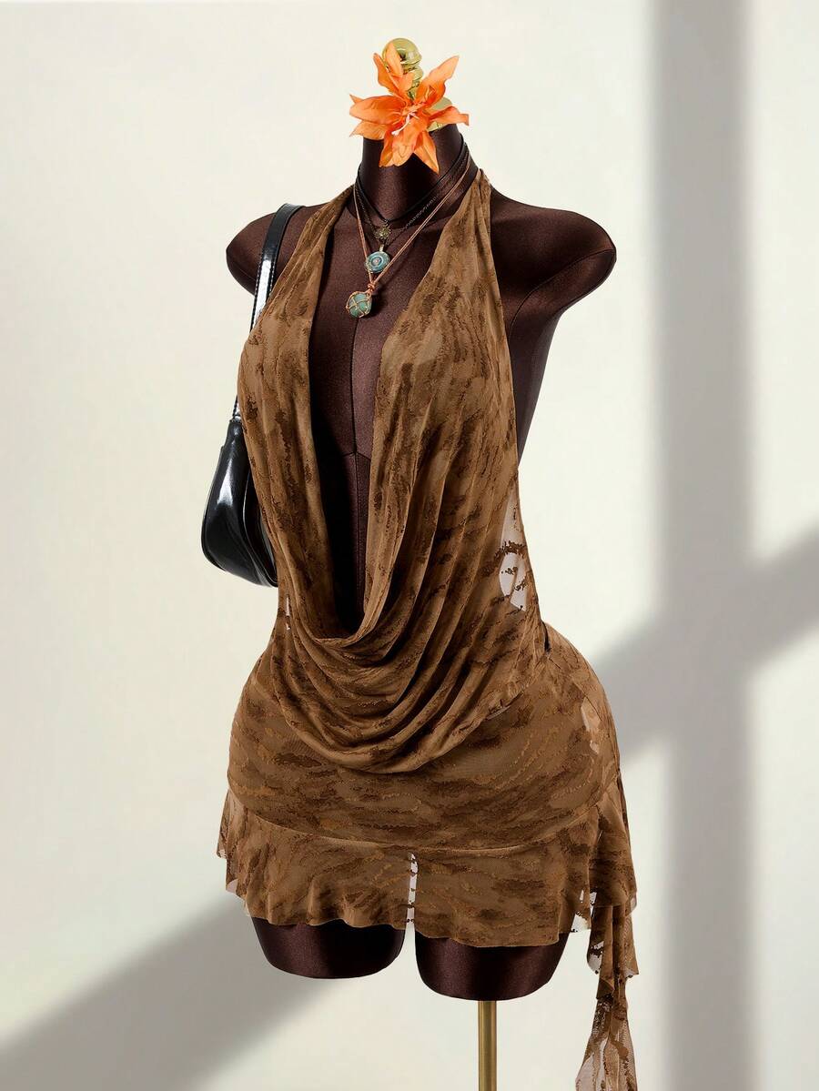 Zestiva Women's Sexy Backless Halter Tie Neck Asymmetrical Hem Leopard Print Mesh Flocked Beach Cover Up Mini Dress, Suitable For Summer Vacation - Khaki - View 1