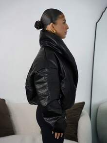 SAYEHFBABY 加厚翻领仿皮外套，适合夜间外出、秋季、冬季、返校季、日常穿着、圣诞派对、优雅晚宴等场合。 - 黑色 - 查看 6