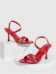 CUCCOO SZL Women's Pointed Toe Zipper Design Fashionable Elegant High Heel Sandals - Red - View 5