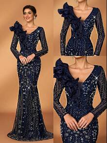Serin Elegant Navy Blue Sequin Maxi Mother Of The Bride Dress With Long Sleeves And Ruffle V Neck For Special Occasions - Navy Blue - View 3