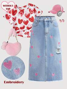 SHEIN 女童粉色爱心刺绣蓝色牛仔破洞裙 - 淺色水洗藍 - 查看 6