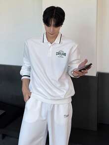 DAZY 男士字母印花拼接设计 Polo 衫套装，春秋季 - 白色 - 查看 7