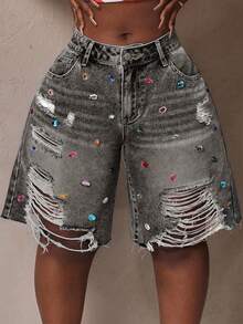 SHEIN CURVE+ Plus Size Casual Washed Distressed Rhinestone Decor Denim Shorts - Grey - View 3
