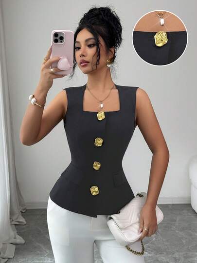Elenzga Women's Summer New Elegant Commuter Fashion Versatile High-End Metal Buckle Decor Black Sleeveless Square Neck Waist Shirt