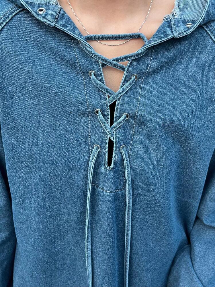 FRIFUL Women's Casual Washed Criss-Cross Hooded Denim Top - Blue - View 7