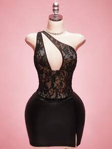 SHEIN ICON Blouse sexy à une épaule en dentelle ajourée, grande taille Y2K - Noir - Voir 3