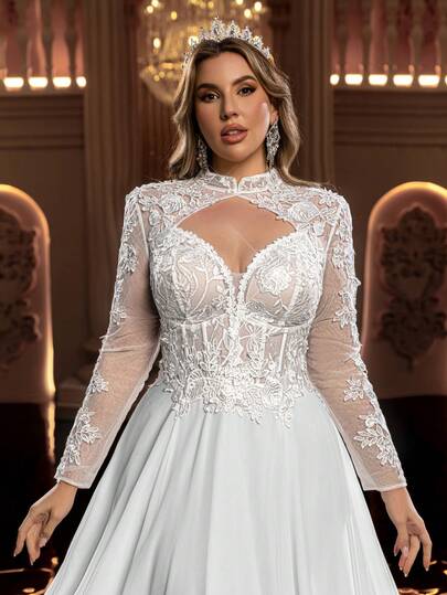 Glamrae 大码优雅奢华刺绣亮片蕾丝拼接雪纺腰部网纱透视超大喇叭裙侧高开衩性感露肩浪漫蕾丝不规则拼接超长拖尾婚纱