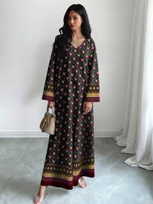 SHEIN Najma Đầm dài tay cổ chữ V kiểu Ả Rập thanh lịch, in họa tiết hoa và hoa văn kỹ thuật số, thích hợp cho mùa xuân/hè. - Nhiều màu - Xem 3
