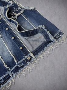 Manfinity Roughcore Men's Washed Vintage Distressed Denim Vest, Navy Blue Fringe Denim Vest - Blue - View 7