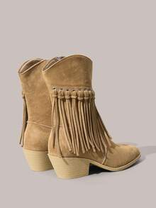 Styleloop Women Fringe Trim Zipper Side Western Boots Valentine's Day - Khaki - View 4
