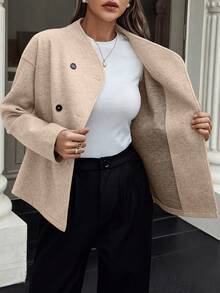 Easura 欧美新款纯色复古双排扣大衣女士V领办公室女士大衣 - 卡其色 - 查看 7