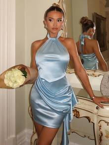 Glamine Women's Light Blue Halter Tie Bodycon Mini Dress, Elegant Date Night Cold Shoulder Fitted Short Dress, Stretchy Bodycon Spring/Summer Dress - Baby Blue - View 3