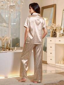 LuxeNights Faux Silk Leopard Print Cardigan Short Sleeve PJS For Women PJS For Women Silk Women Home Wear Sleepwear For Women Silk Luxury Pajama Women's PJSs - Gold - View 2