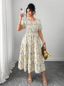 Elenzga Große Größen Damen Kurzarm Kleid mit Blume Muster, elastischer Taille und gestuftem A-Linie Schnitt, eleganter Urlaubsstil, geeignet für Frühling/Sommer - Aprikosenfarben - Übersicht 3