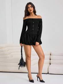 Aidyla 女士休闲街头风露肩上衣和超短泡泡裙两件套 - 黑色 - 查看 3