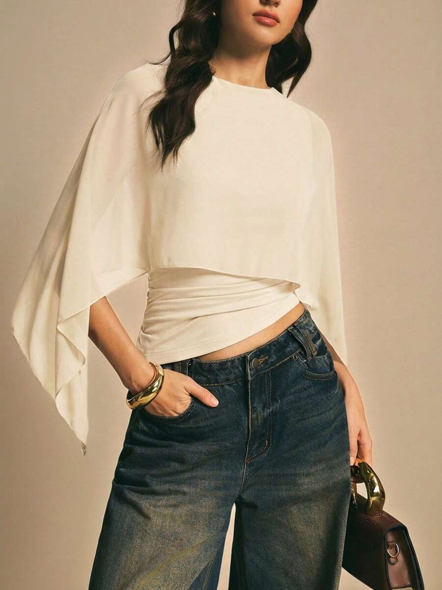 Poéselle Áo sơ mi nữ thanh lịch màu trơn cổ bẻ - Màu be - Xem 1