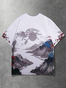ROMWE MEN Street Life Men's Chinese Style Landscape & Dragon Print V-Neck Short Sleeve T-Shirt - Multicolor - View 2
