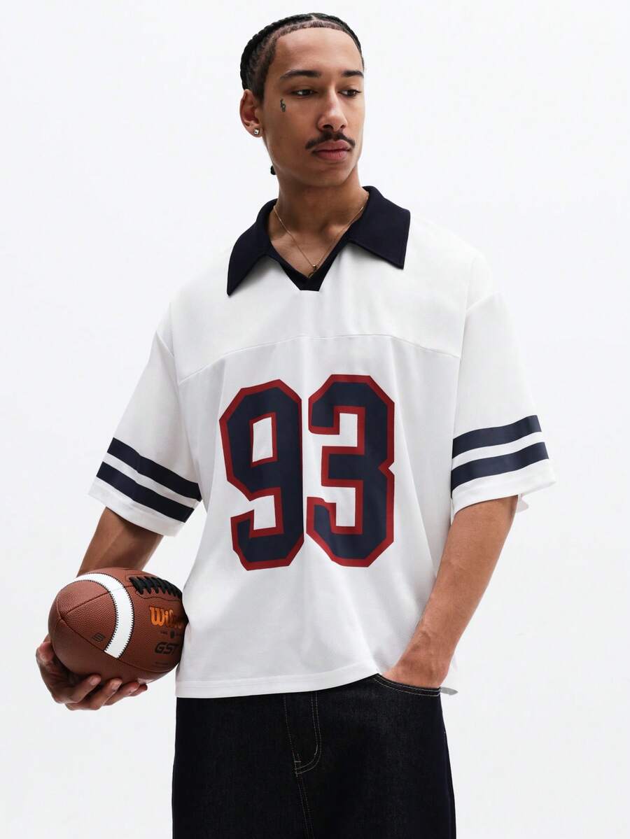 SUMWON Oversized Fit Numbered Polo Shirt With Navy Collar And Sleeve Stripes For Casual Wear - White - View 1