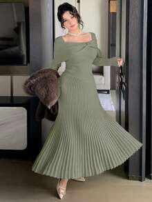 DAZY Đầm len nữ thanh lịch màu trơn cổ vuông bất đối xứng, thích hợp cho mùa thu. - xanh quân đội - Xem 5