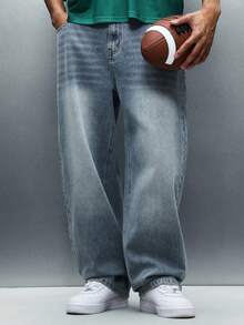 PLAYBOY X SUMWON Quần jeans ống rộng denim bạc màu, rách nhẹ, nhiều túi và in logo phía sau, phù hợp với phong cách đường phố thường ngày. - Màu xanh lam - Xem 2