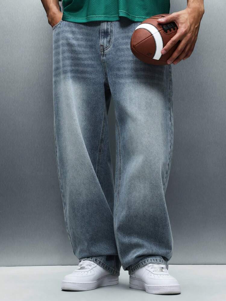 PLAYBOY X SUMWON Distressed Wide Leg Denim Jeans With Multiple Pockets