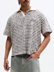 SUMWON Áo Polo Essentials kẻ sọc dáng hộp, tay ngắn, cổ bẻ, kiểu dáng thường ngày, thích hợp cho mùa hè và xuân, họa tiết sọc ngang, dáng rộng thoải mái, phong cách cổ điển dành cho nam giới. - Nhiều màu - Xem 5