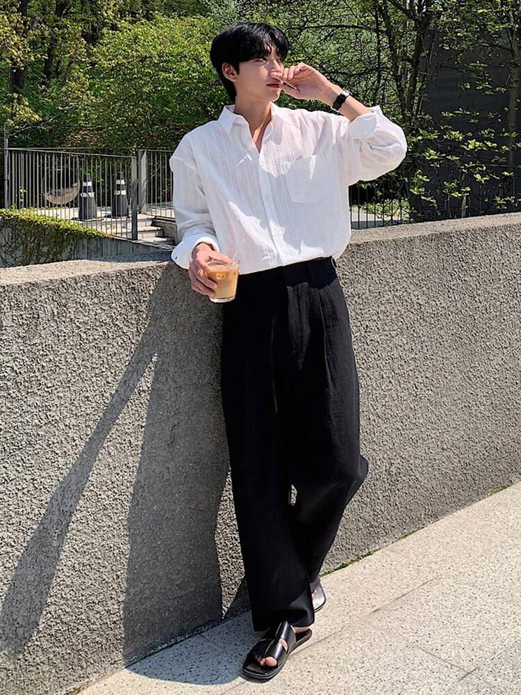 Men's White Long Sleeve Single-Breasted Dress Shirt, Suitable For Commuting, Spring/Summer