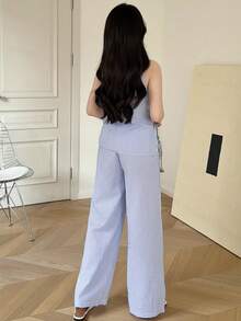 SHEIN 少女蓝白条纹休闲度假单排扣背心和裤子套装 - 藍白色 - 查看 2