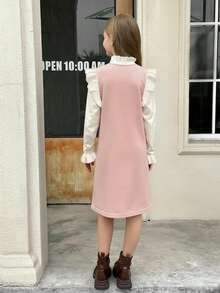 SHEIN 少女杏色和粉色提花蝴蝶结露肩长袖毛衣连衣裙，适合返校节、优雅场合、正式场合、秋季穿着，适合秋冬季节。 - 粉色 - 查看 5