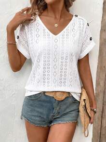 SHEIN LUNE Women's Hollow Out Embroidery V-Neck Short Sleeve Casual T-Shirt - White - View 3