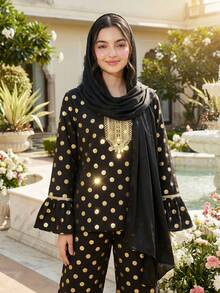 Sparklyn 少女碎花V领衬衫套装，休闲度假装，春夏款 - 黑色 - 查看 3