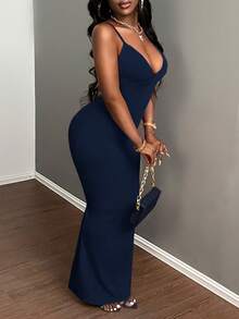 Slaydiva Vestido maxi sexy e elegante com alças finas, babados e decote profundo, vestido magenta com decote profundo, vestido maxi justo ao corpo, vestido maxi azul marinho. - Azul marinho - Ver 7