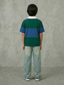 Casuvi Kids Casual & Fashionable, Retro American College Style Striped Tween Boys Polo Shirt, Large M Letter Print Design On Chest, Contrast White Collar, Blue & Green Striped Body, Suitable For School, Commute, Casual, Party Occasions Pullover Shirt Boy Boy Clothes Casual Boy Clothes - Green - View 2