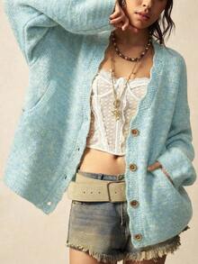 Bohemela Áo khoác cardigan dệt kim dáng rộng, phong cách vintage thường ngày, thích hợp cho mùa Thu/Đông. - Màu xanh nhạt - Xem 1