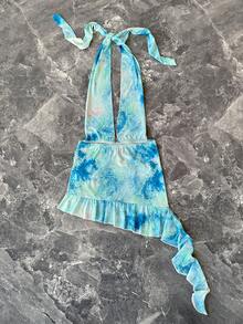 INAWLY Women's Tie-Dye Print Ruffle Hem Halter Neck Sleeveless Dress - Baby Blue - View 2