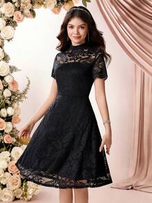 SHEIN Pitira 黑色蕾丝边薄纱迷你连衣裙，适合少女，优雅百搭，适合情人节、生日、派对、婚礼、返校节、毕业典礼、花童等场合。黑色优雅连衣裙，黑色蕾丝连衣裙，女士蕾丝连衣裙，女士黑色连衣裙，鸡尾酒会礼服。 - 黑色 - 查看 4