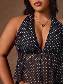 Rustia Plus Size Fashionable Sheer Deep V Polka Dot Spaghetti Strap Backless Camisole - Black and White - View 7