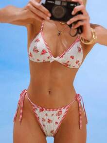 Swim Mod 蕾丝面料玫瑰印花挂脖三角比基尼两件套泳衣，性感度假风，甜美少女沙滩泳装，春夏款 - 彩色 - 查看 4