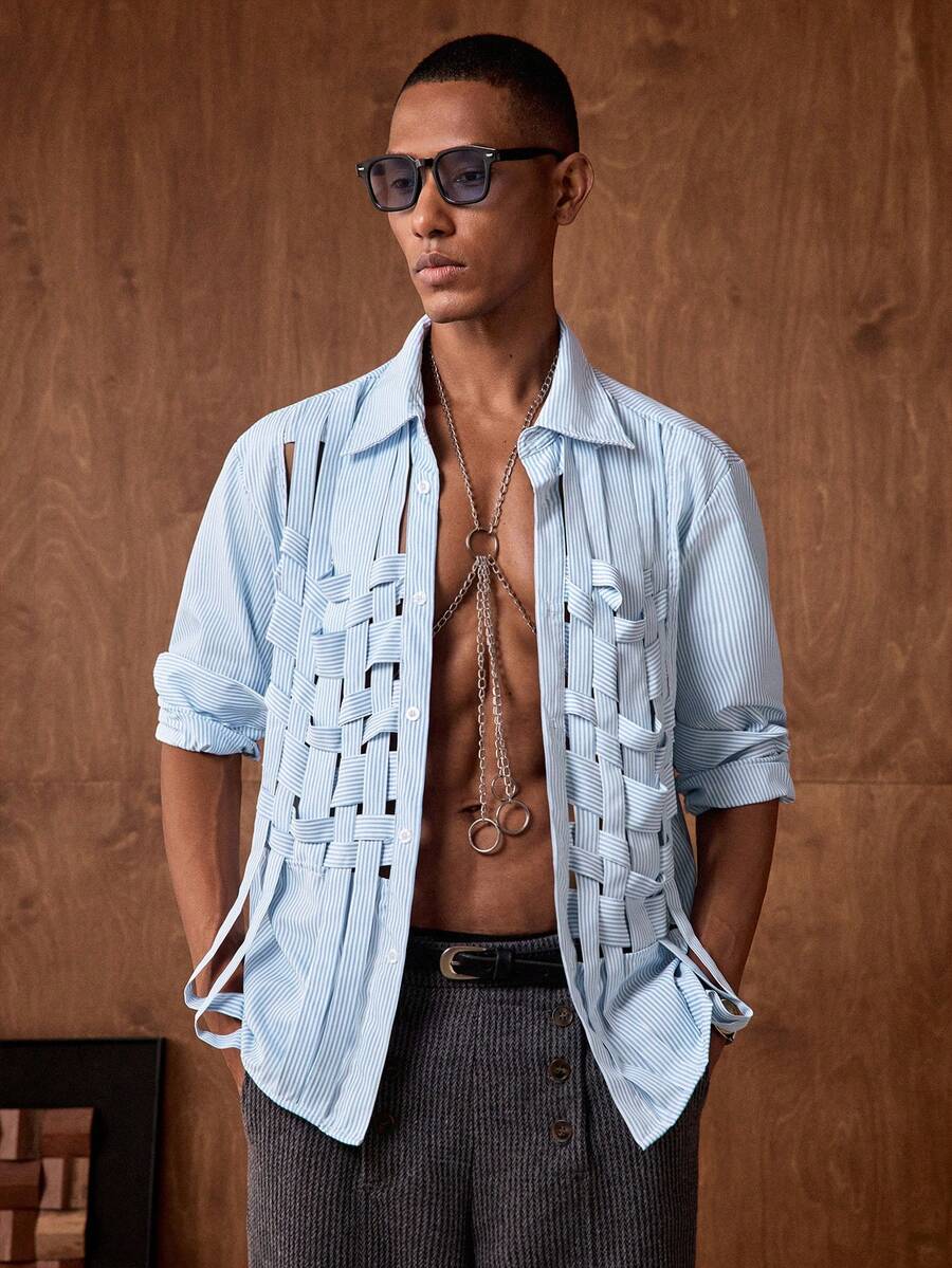 AKNOTIC Herren Lässig gestreiftes Hemd mit Knopfleiste und Langarm, Sommer Bruno Mars Herren Sommer Knopfhemd in Pulverblau, Herren Resort-Wear Jackpot Sumwon Herren Babyblau Hemd - Blau-Weiß - Übersicht 1