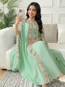 Tween Girl Loose Elegant Gold Lace Ribbon Decor Long Cardigan Dress Set - Multicolor - View 5