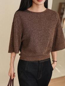 DAZY 女士纯色圆领宽松休闲百搭T恤 - 棕色 - 查看 2