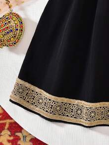 Young Girls' Long Sleeve Gold Lace Trim Black Dress,Autumn Traditional Wedding Arabic Dress,Multi-Color Ribbon Decor,Elegant Event Performance Gown - Black - View 5