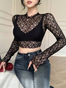 DAZY Women's Lace Round Neck Long Sleeve Cropped Fitted Sexy Fashionable Top - Black - View 5