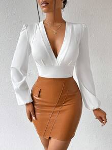 SHEIN PETITE Women's V-Neck Ruffle Long Puff Sleeve Fitted Blouse, Commuter Style, Spring/Summer - White - View 6