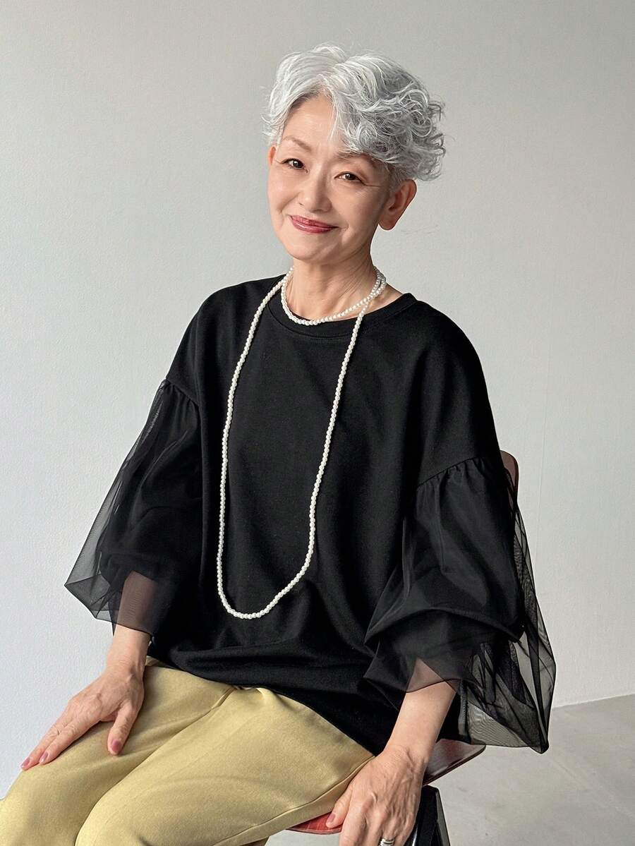 FRIFUL Women's Lightweight Sheer Mesh Patchwork Lantern Sleeve Loose Casual T-Shirt, Black, Spring/Summer - Black - View 1