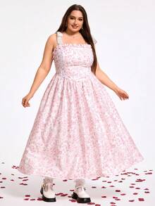 SHEIN CURVE+ Đầm dài in họa tiết thắt nơ dành cho nữ cỡ lớn CURVE PLUS /Ngày Valentine/Thích hợp mặc mùa xuân, đầm ngày Valentine, đầm tốt nghiệp, đầm thanh lịch cho nữ, đầm nghỉ xuân. - Nhiều màu - Xem 4