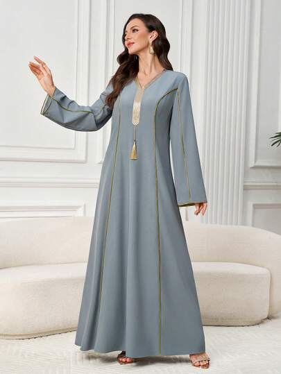 Al Najma Vestido de manga larga con cuello en V y ribete de cinta, de estilo árabe elegante para mujer